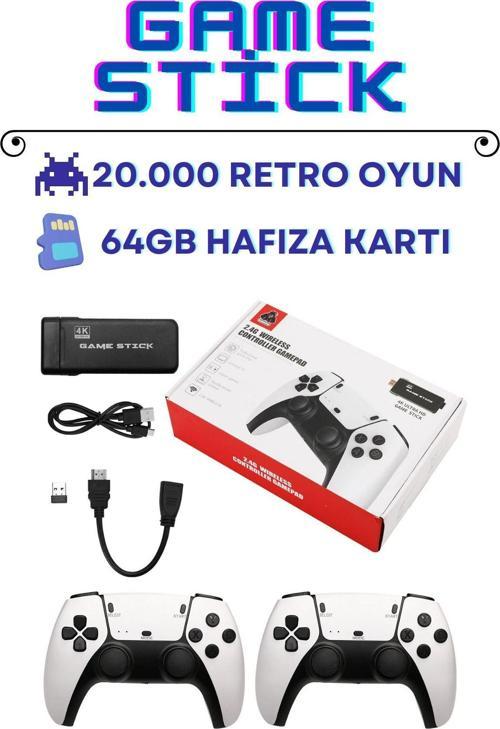 4k Kablosuz Çift Kol Retro Oyunlar Game Stick 64gb Hafıza 20000 Oyun Atari