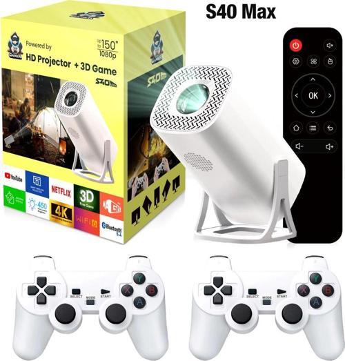 S40 Max Projektör Hd 1080p Bluetooth Android 11 Projeksiyon 2 Kablosuz Oyun Kontrol Cihazı 3000 Oyun