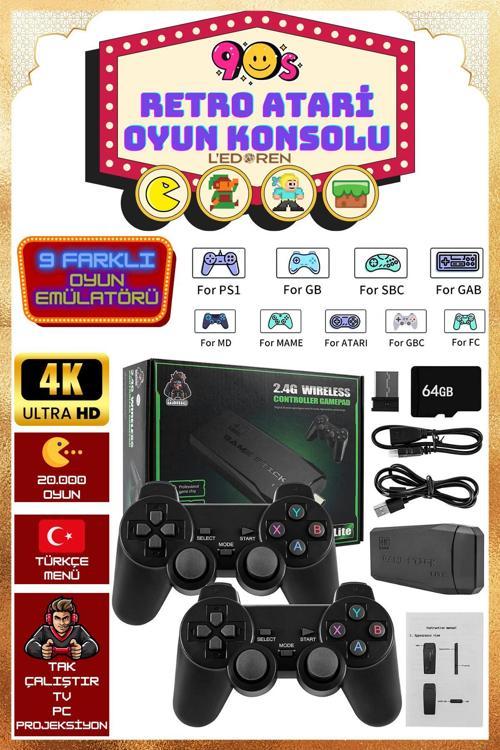 Türkçe Menülü 2.4g Kablosuz Çift Kol Retro Oyunlar 4k Game Stick 64gb Hafıza 20000 Oyun Atari