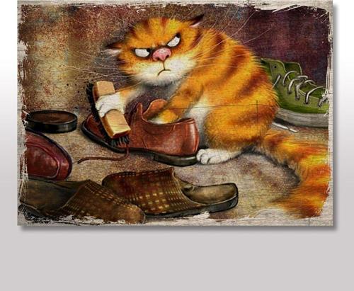 Ahşap Tablo Ayakkabı Boyacı Kedi Baskılı
