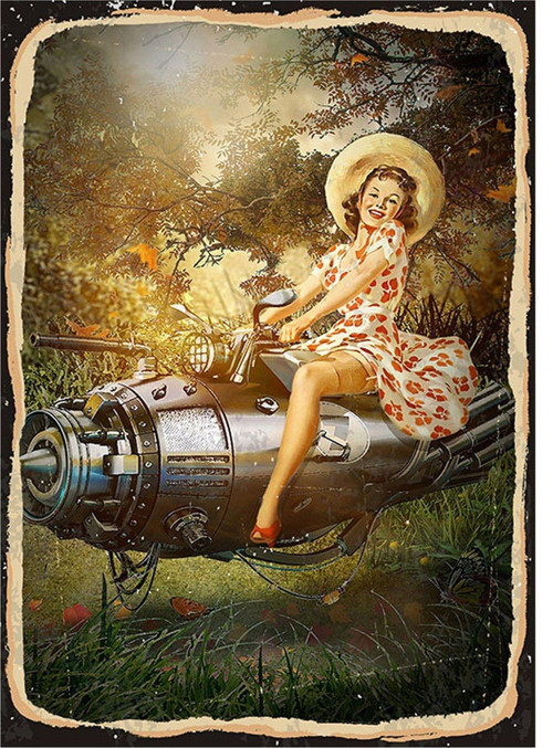 Hava Motorlu Pin Up Kızı Tasarım Ahşap Tablo