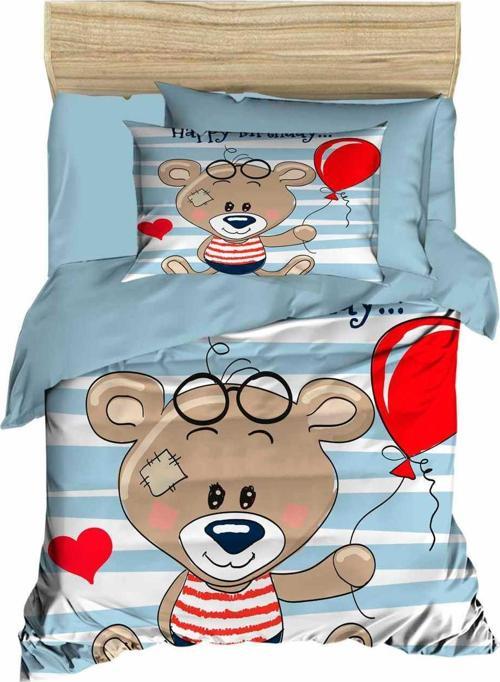 Yenidoğan Erkek Bebek Nevresim Takımı %100 Pamuklu Bear Baloon