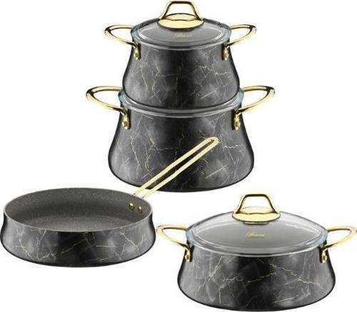 Marble 7 Parça Yanmaz Yapışmaz Siyah Mermer Tencere Seti