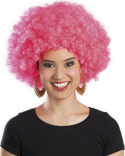 Pembe Renk Kıvırcık Afro Bonus Peruk