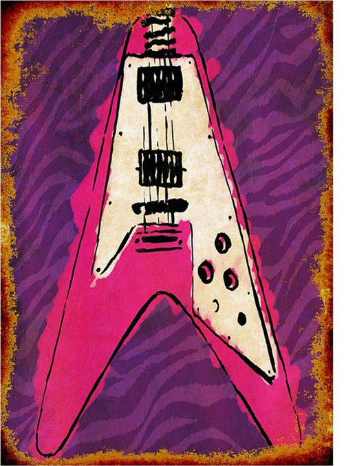 Pembe Gitar Modern Ahşap Tablo