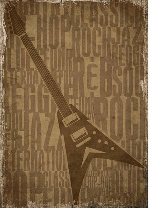 Fly Kasa Gitar Desenli Ahşap Tablo