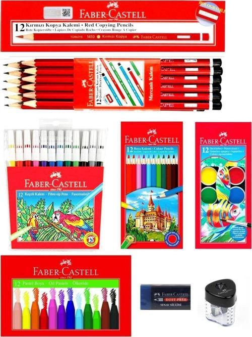 Mercanlı Kurşun Kalem Kırmızı Kalem Ve 12 Li Kuru Sulu Keçeli Pastel Boya