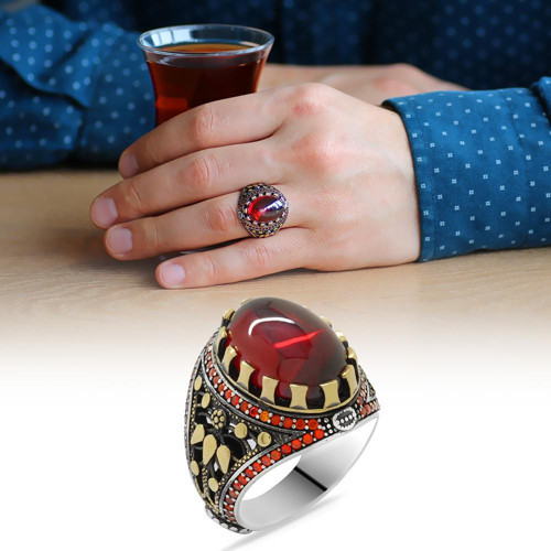 Kırmızı Zirkon Taşlı Oval Tasarım 925 Ayar Gümüş Erkek Yüzük