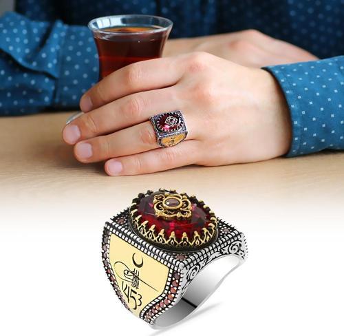 Fetih 1453 Temalı Faset Kesim Kırmızı Zirkon Taşlı 925 Ayar Gümüş Erkek Yüzük