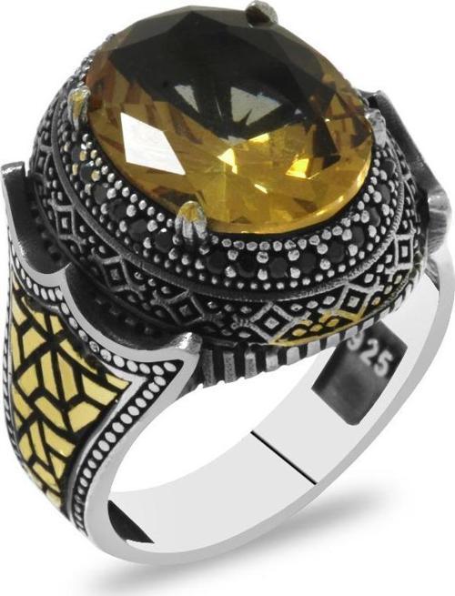 Faset Zultanit Taşlı Yanları Mikro Taş Mıhlamalı Labirent Detaylı 925 Ayar Gümüş Erkek Yüzük