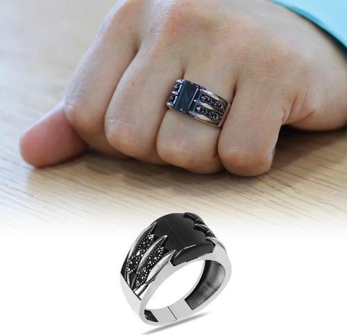 Zirkon Taş İşlemeli Lale Desenli Bombeli Oniks Taşlı 925 Ayar Gümüş Erkek Yüzük