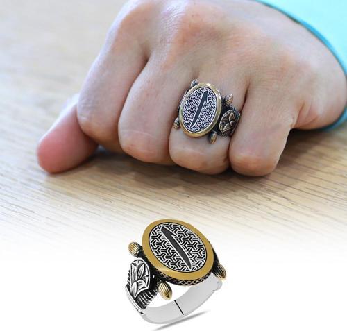 Oval Otantik Tasarım Elif Motifli 925 Ayar Gümüş Erkek Yüzük