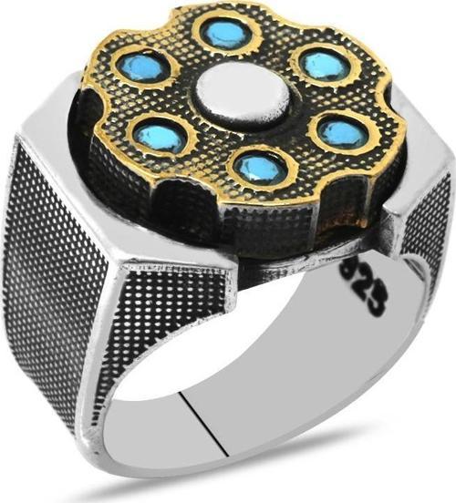 Firuze Taşlı Dönen Çark Tasarım 925 Ayar Gümüş Erkek Yüzük