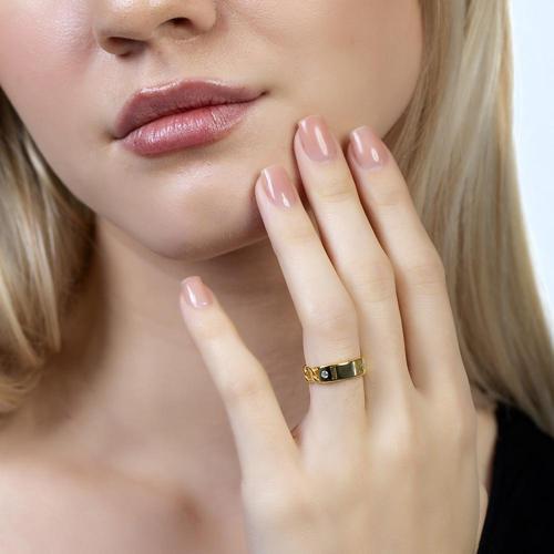 Zincir Tasarım Gold Renk Free Size Kişiye Özel İsim Harf Yazılı 925 Ayar Gümüş Kadın Tektaş Yüzük