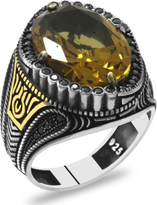 Faset Zultanit Taşlı Yanları Mikro Taş Mıhlamalı Dikit Detaylı 925 Ayar Gümüş Erkek Yüzük