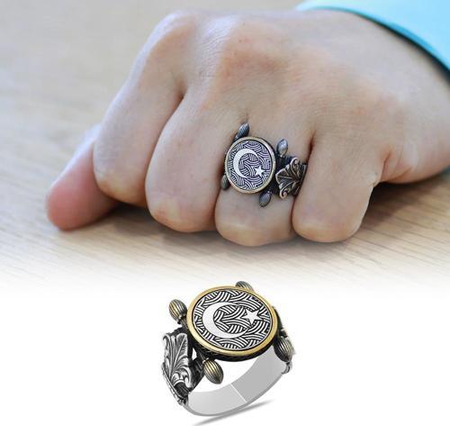 Otantik Tasarım Ayyıldız Motifli 925 Ayar Gümüş Erkek Yüzük