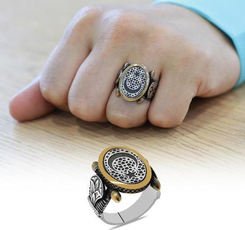 Oval Otantik Tasarım Ayyıldız Motifli 925 Ayar Gümüş Erkek Yüzük