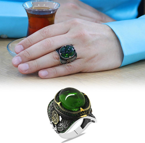 Yeşil Zirkon Taşlı Kenarları Mühr-i Süleyman İşlemeli 925 Ayar Gümüş Erkek Yüzük