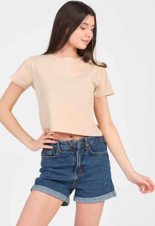 Bej Bisiklet Yaka Kısa Kol Örme Kadın Crop