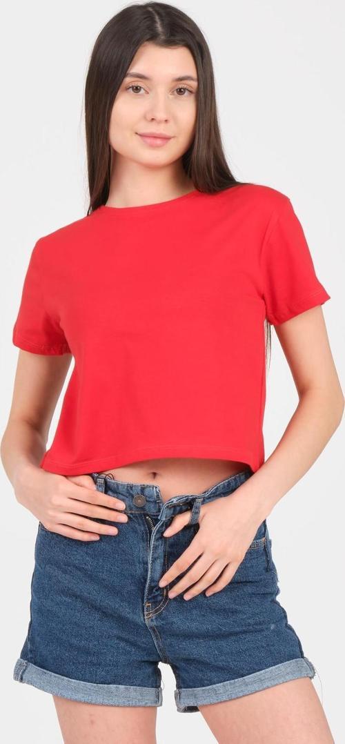 Kırmızı Bisiklet Yaka Kısa Kol Örme Kadın Crop