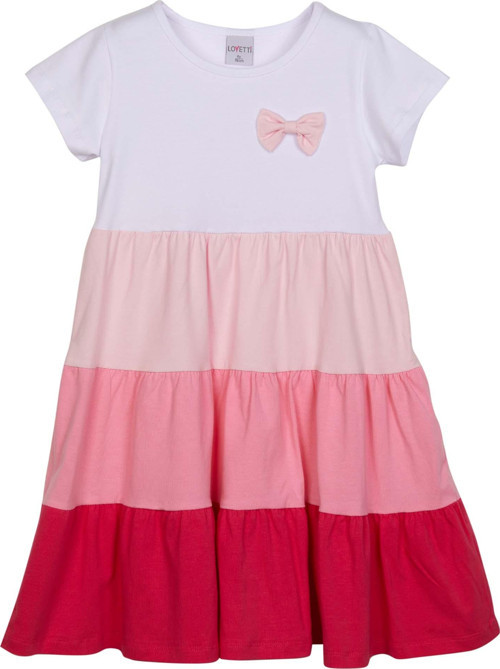 Beyaz+ Fuşya Fiyonklu Kat Kat Renkli Kız Çocuk Kısa Kollu Elbise