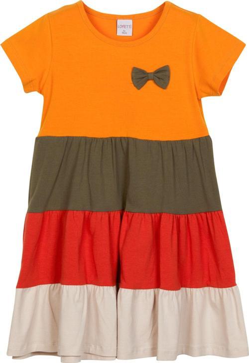 Kadmium Sarı+ Taş Fiyonklu Kat Kat Renkli Kız Çocuk Kısa Kollu Elbise