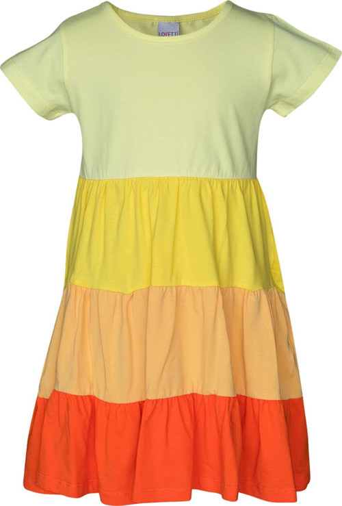 Açık Sarı-Turuncu Kat Kat Renkli Kız Çocuk Kısa Kollu Elbise
