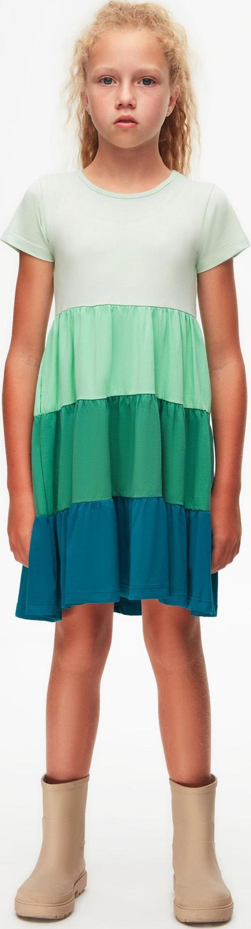 Soft Yeşil-Koyu Petrol Kat Kat Renkli Kız Çocuk Kısa Kollu Elbise
