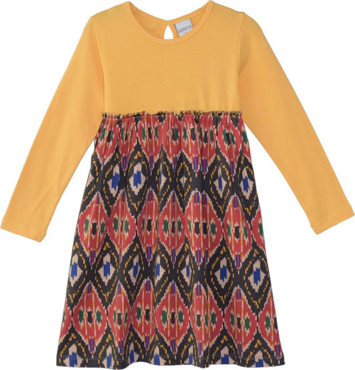 Kavun Sarı Kilim Desen Kız Çocuk Uzun Kollu Elbise