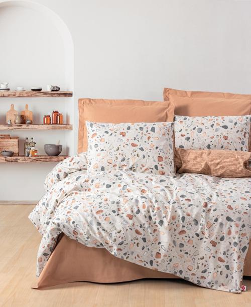 Minimal Tek Kişilik Lastikli Çarşaflı Nevresim Takımı Oniks Karamel