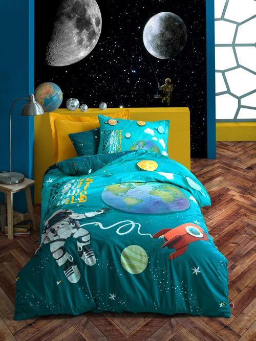 Junior Tek Kişilik Lastikli Çarşaflı Nevresim Takımı Little Astronaut Turkuaz