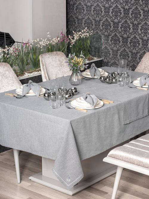 Keten Masa Örtüsü Takımı Pera Gri 175x240