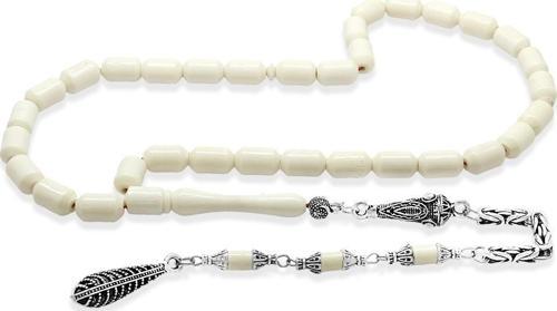 Kararmaz Metal Kral Zincir Püsküllü Uçlu Kapsül Kesim Naturel Renk Kırmızı İpli Deve Kemiği Tesbih