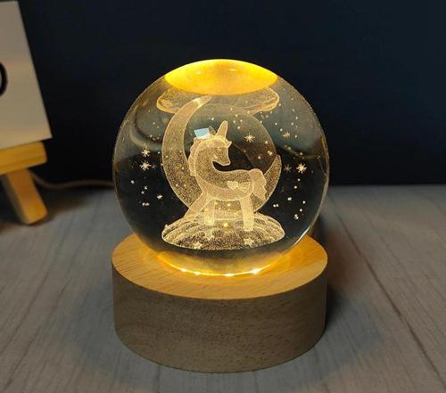 Dekoratif Ay içinde Unicorn Tasarımlı Ahşap Altlıklı Işıklı Cam Küre Cam Büyük Boy 8 Cm MZ4-2312