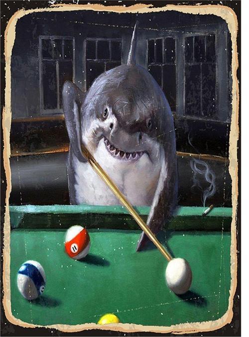 Bilardo Oynayan Köpekbalığı Desenli Ahşap Tablo