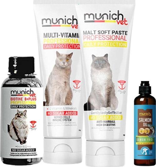 4'Lü Kedi Bakım Seti - Tüy Sağlığı Damlası + Malt Pasta + Multi Vitamin Pasta + Somon Yağı