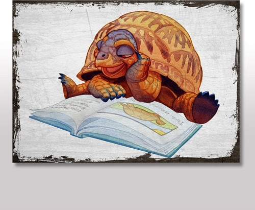 Ahşap Tablo Kitap Okuyan Kaplumbağa