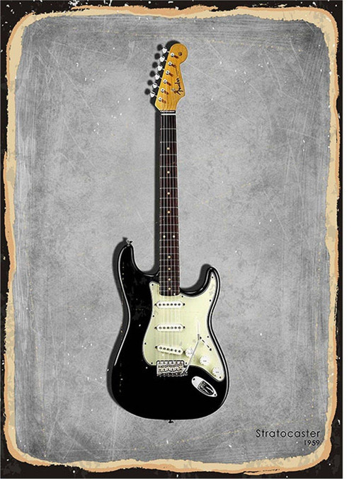 Siyah Fender Gitar Desenli Ahşap Tablo