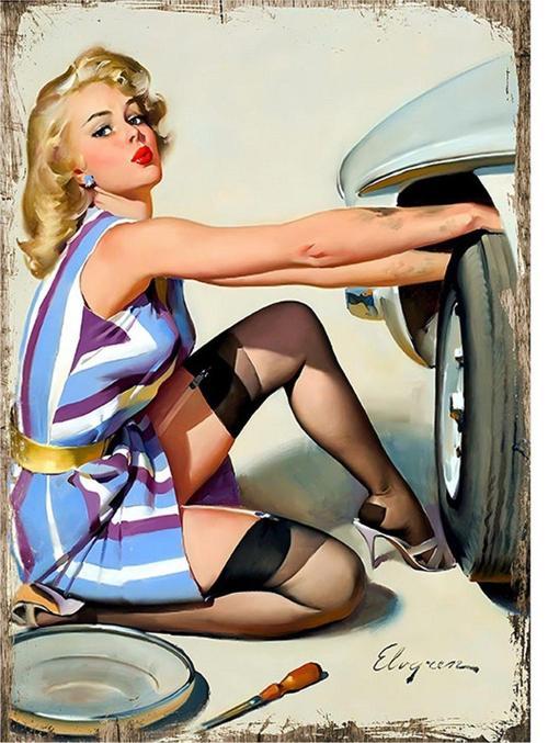 Lastik Değiştiren Kadın Art Mdf Poster 18Cm X 27Cm