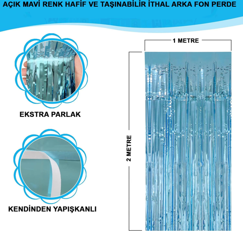 Açık Mavi Renk Ekstra Metalize Parlak Saçaklı Arka Fon Perde İthal A Kalite 1x2 Metre