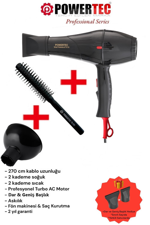 TR-701 Profesyonel Fön Makinesi + Vigo Difüzör Başlık + Profesyonel Fön Fırçası