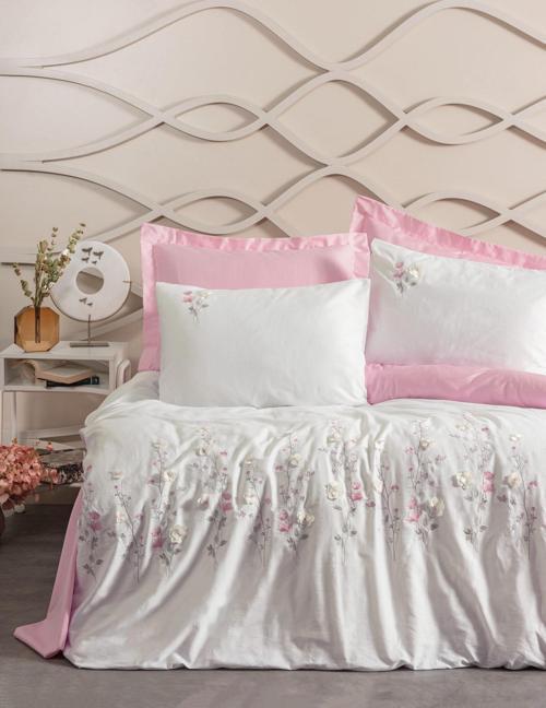 3D Nakışlı Saten Çift Kişilik Nevresim Takımı Jolie Pembe