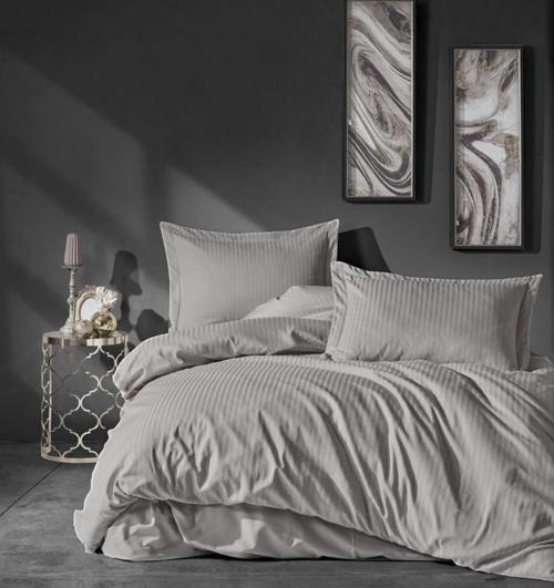 Elegant Stripe Saten Çift Kişilik Nevresim Takımı Bej