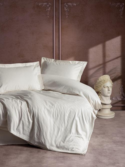 Elegant Stripe Saten Çift Kişilik Nevresim Takımı Ekru