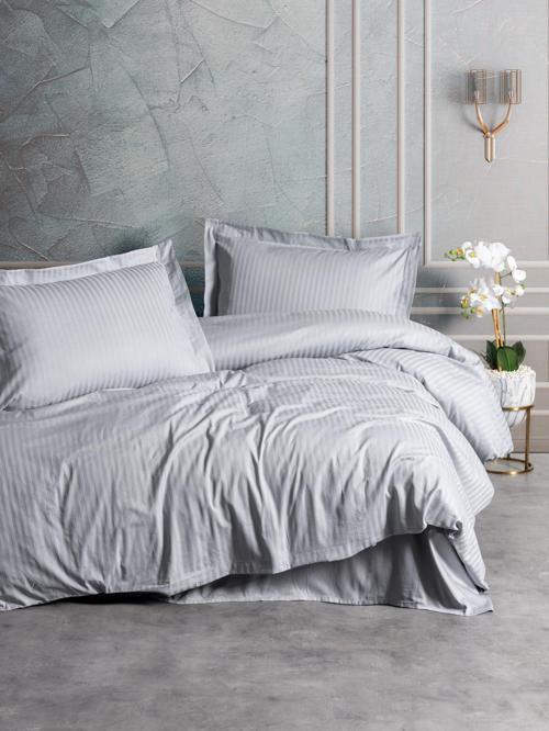 Elegant Stripe Saten Çift Kişilik Nevresim Takımı Gri