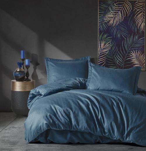 Elegant Stripe Saten Çift Kişilik Nevresim Takımı Mavi