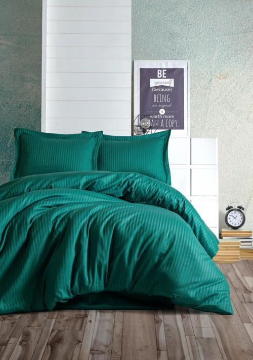 Elegant Stripe Saten Çift Kişilik Nevresim Takımı Petrol