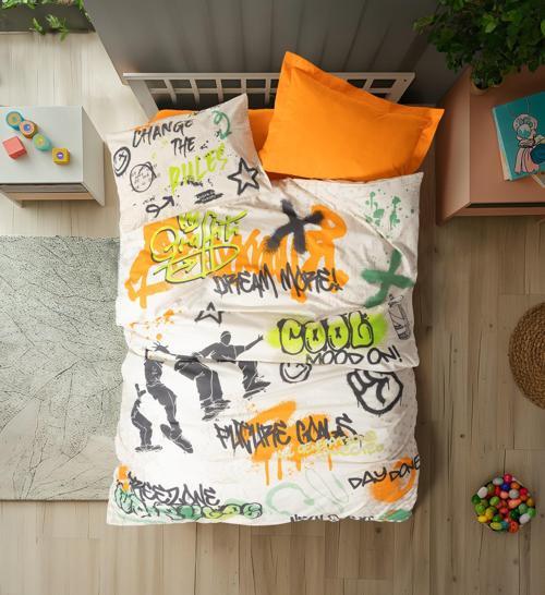 Genç Odası Tek Kişilik Nevresim Takımı Graffiti Oranj