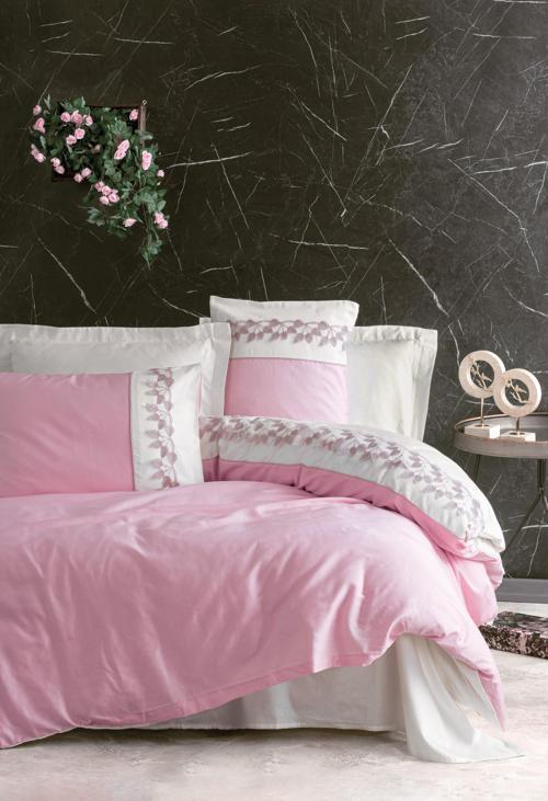 Nakışlı Saten Çift Kişilik Nevresim Takımı Niobe Pembe