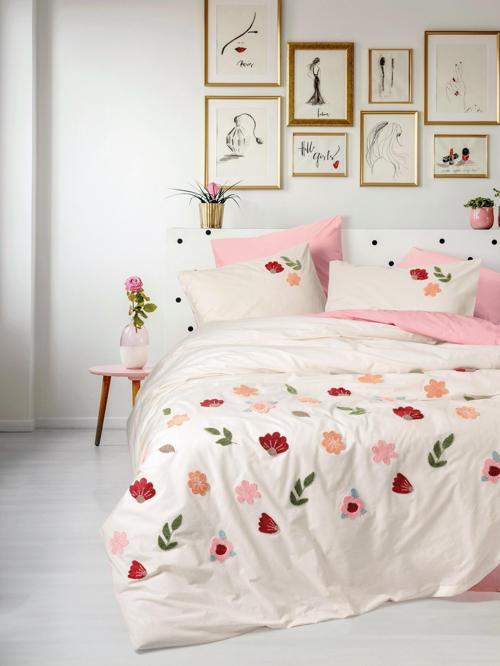 Puff Nakışlı Çift Kişilik Nevresim Takımı Blossom Somon